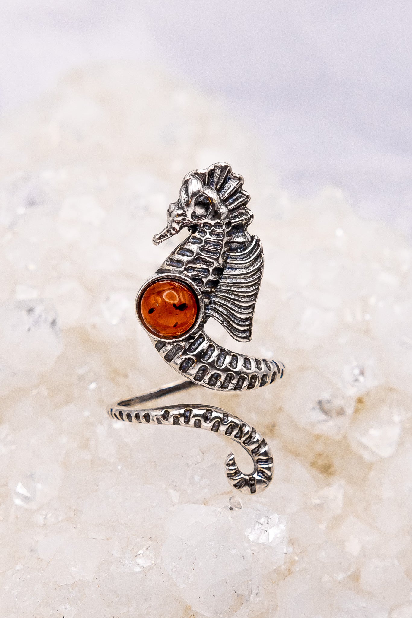 Cognac Amber Large Seahorse Ring Adjustable