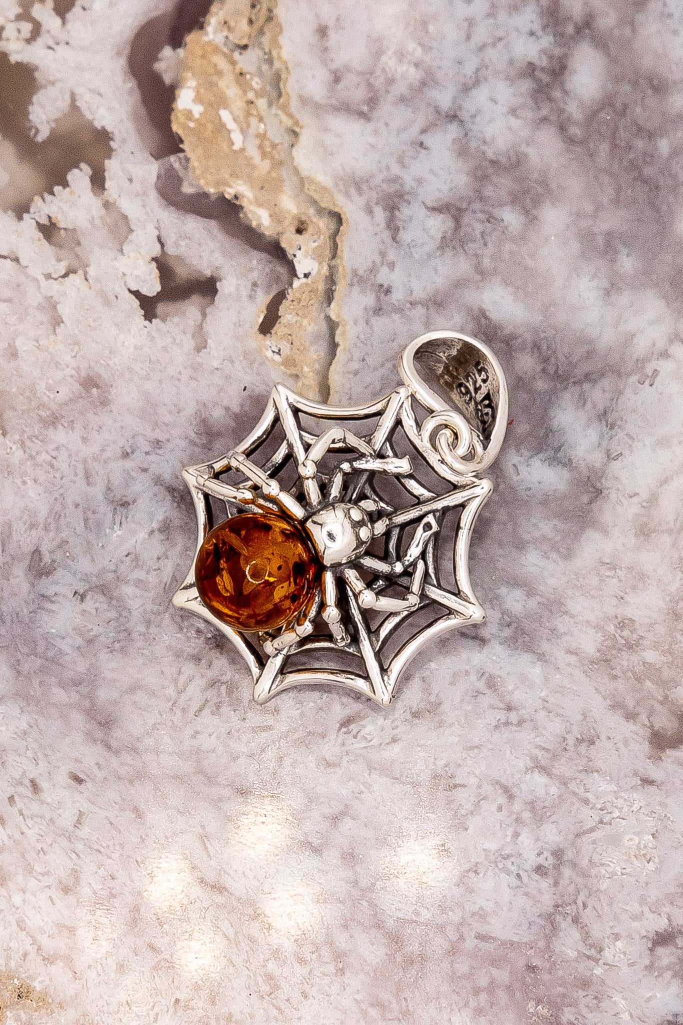 Small Spider On Web Amber Pendant