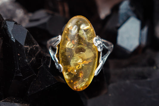 Citrine Amber Ring Oval with Flowers