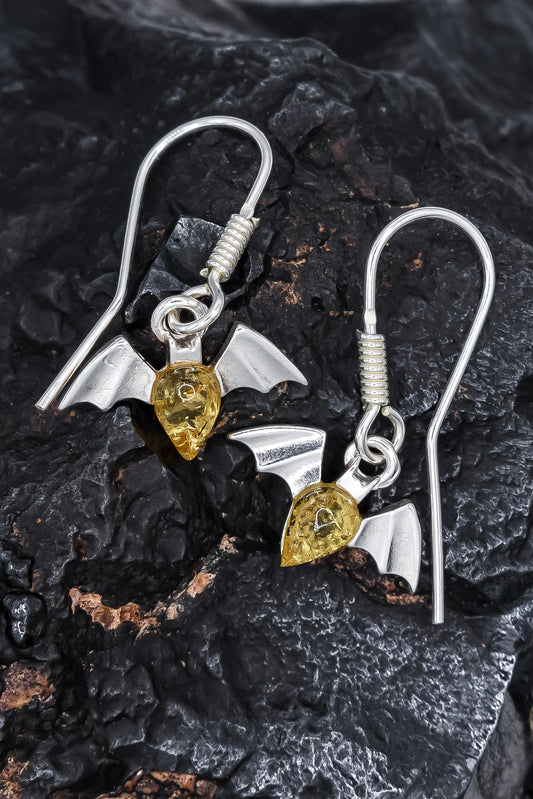 Citrine Amber Tiny Bat Dangle Earrings