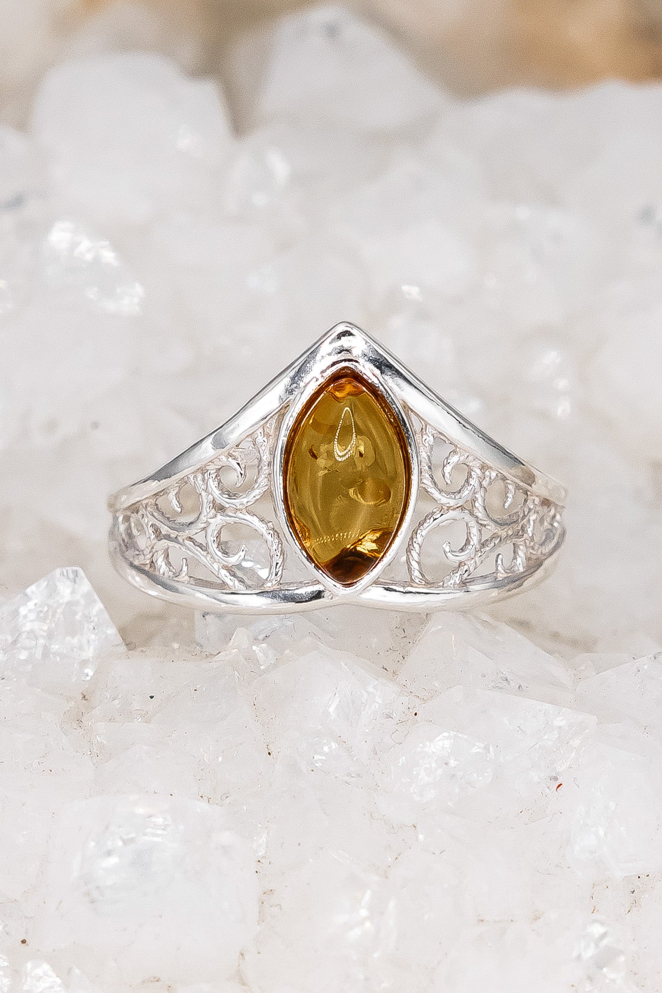 Cognac Amber Filigree Crown Ring