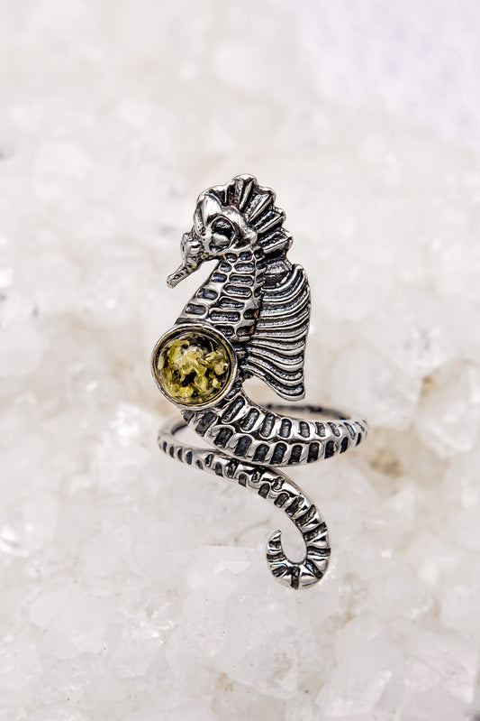 Green Amber Large Seahorse Ring Adjustable