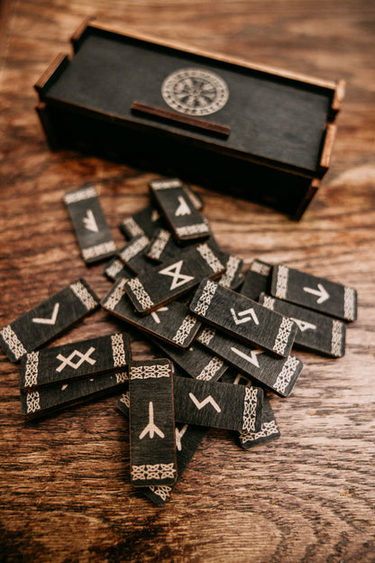 Elder Futhark Runes in Wood Box (Black Coal)