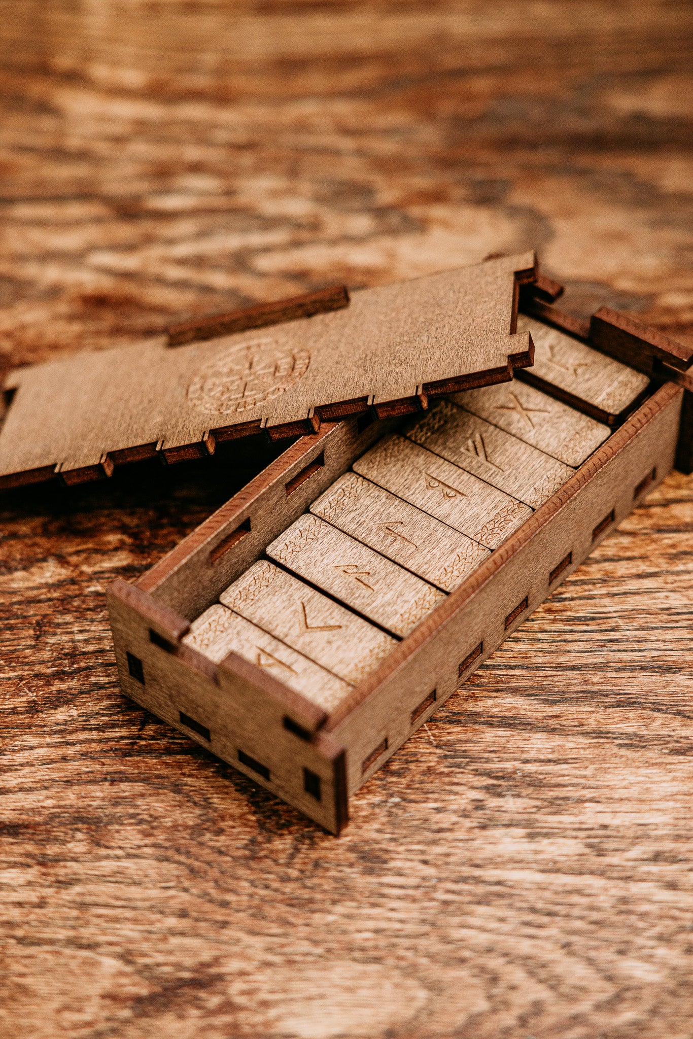 Elder Futhark Runes in Wood Box (Brown Smoke)