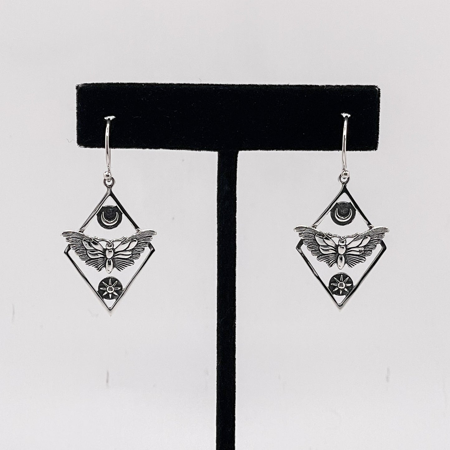 Geometric Moth Moon and Star Dangle Earrings