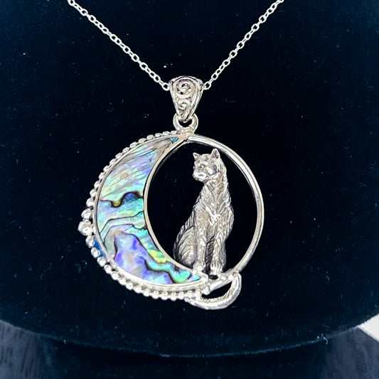 Sterling Silver Cat on Abalone Shell Moon Pendant