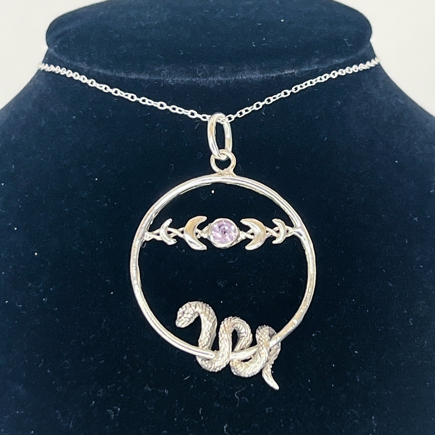 Sterling Silver Amethyst Moonphase with Snake Pendant