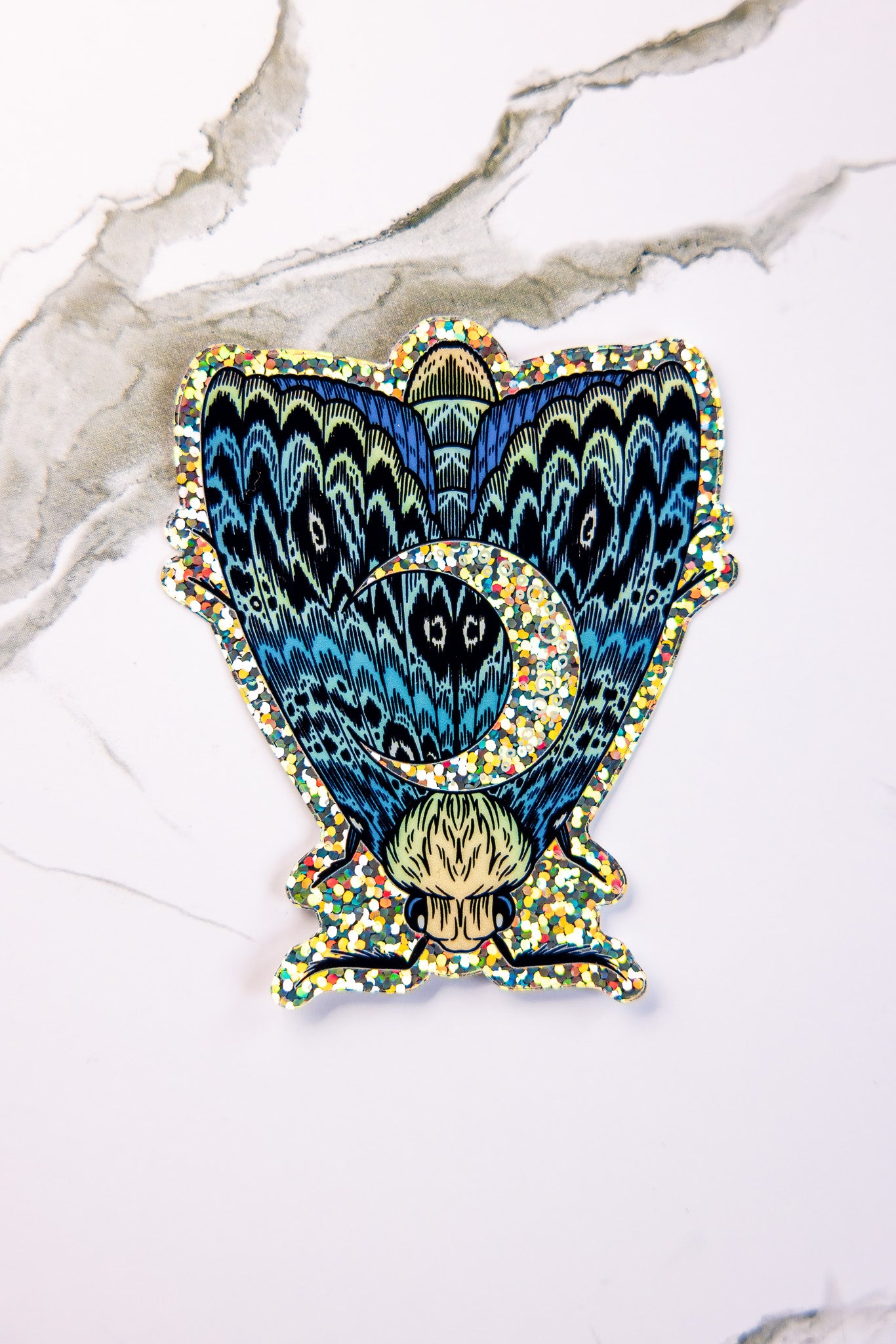 Crescent Moon Moth Glitter Sticker