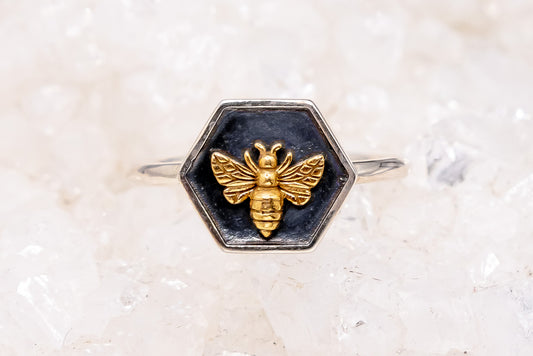 Silver and Bronze Hexagon Bee Ring