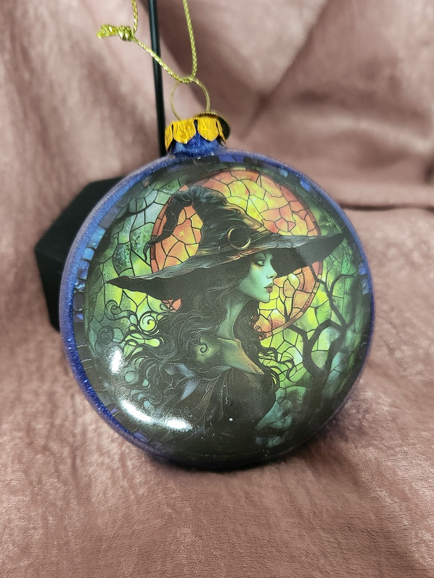 Witch and Black Cat Stained Glass Ornament